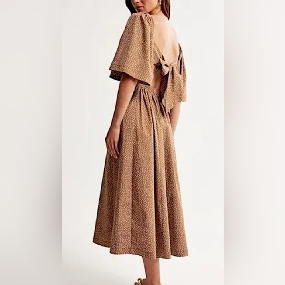 Abercrombie & Fitch Polka Dot Angel Sleeve Twist Front Tie back Brown Midi Dress - Picture 10 of 11